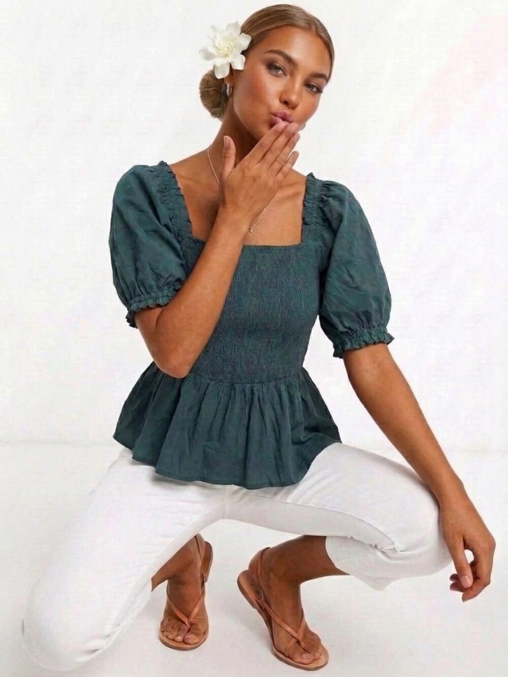 Women's HEYTALALA NWT Smocked Square Neck Puff Sleeve Peplum Top Size L Teal